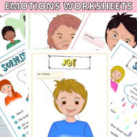 Examples of Emotions Worksheets for Kids, showing playful illustrations of children expressing different emotions.