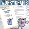 Worry craft activity sheet for teaching deep breathing, featuring colorful monsters and text on a wooden surface.