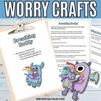 Worry craft activity sheet for teaching deep breathing, featuring colorful monsters and text on a wooden surface.