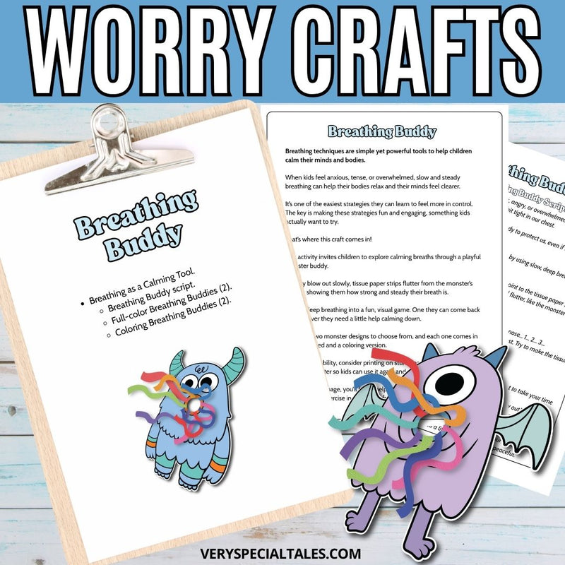 Worry craft activity sheet for teaching deep breathing, featuring colorful monsters and text on a wooden surface.
