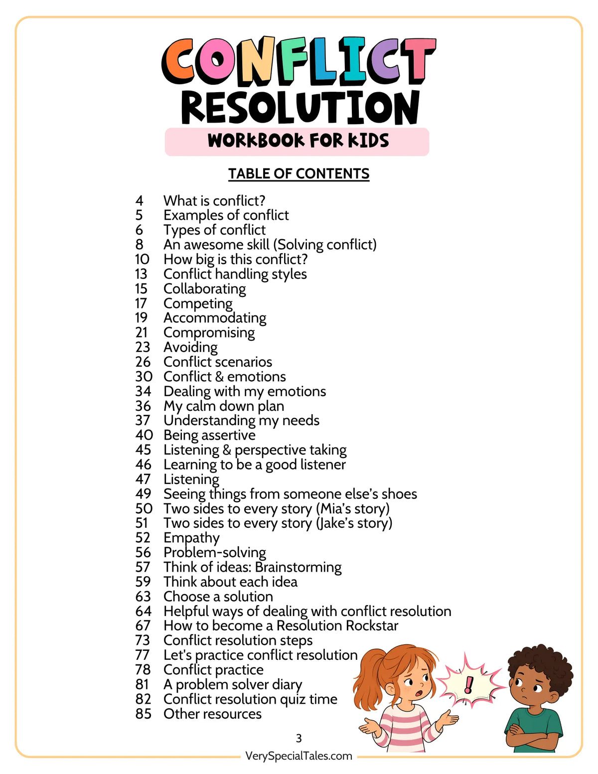 Table of contents for the Conflict Resolution Workbook for Kids 