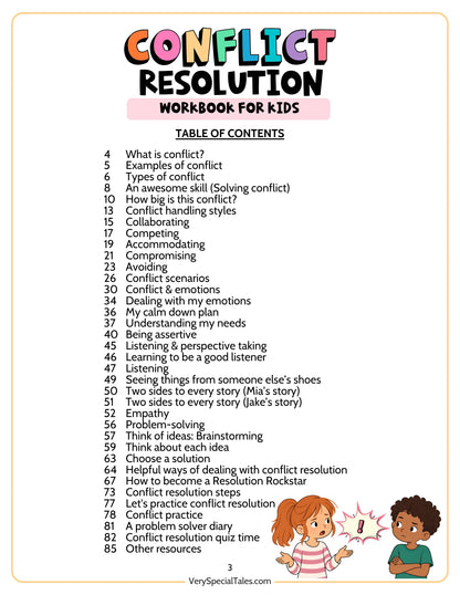 Table of contents for the Conflict Resolution Workbook for Kids 