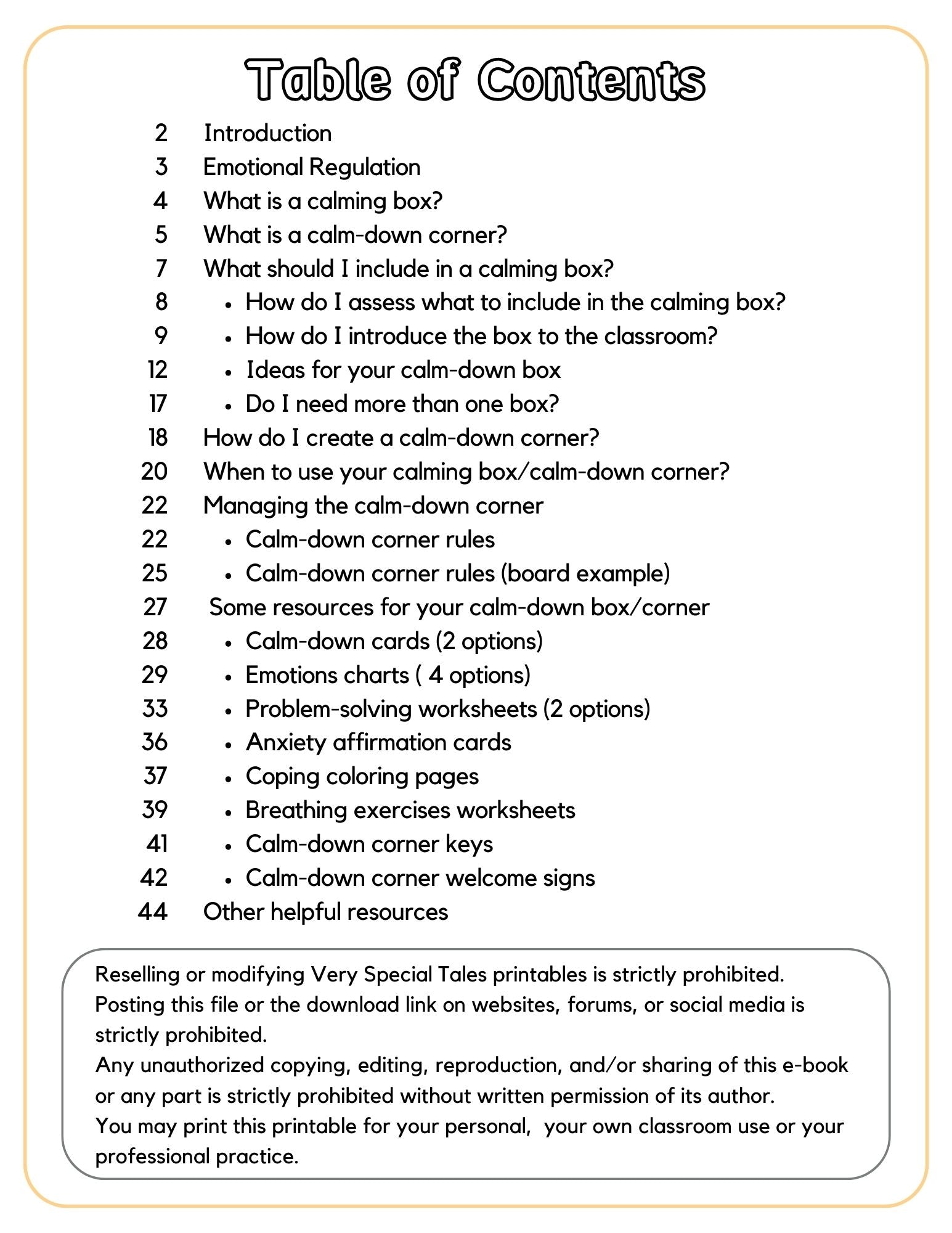 Table of Contents page from the Calming Box/Calm-Down Corner Easy Guide.