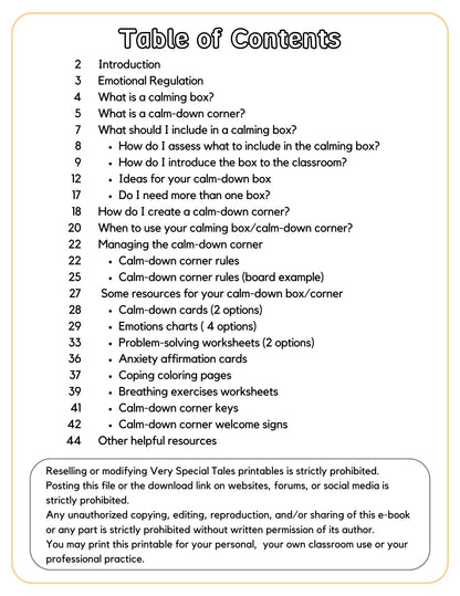 Table of Contents page from the Calming Box/Calm-Down Corner Easy Guide.