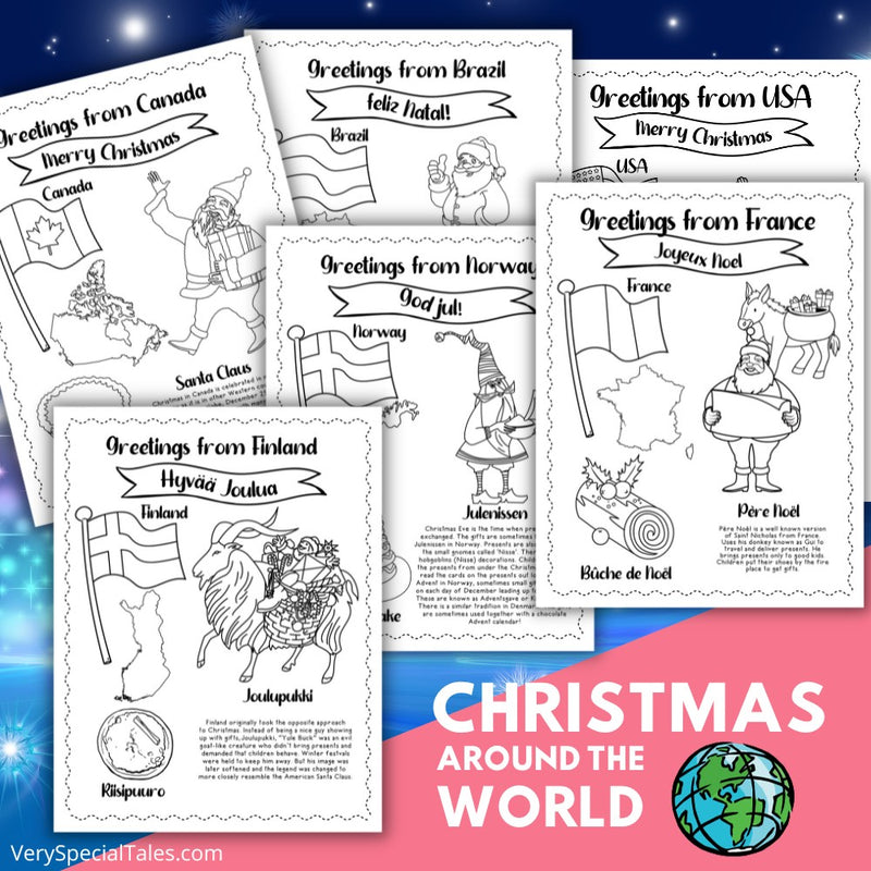 6 colouring pages of different Christmas traditions around the world.