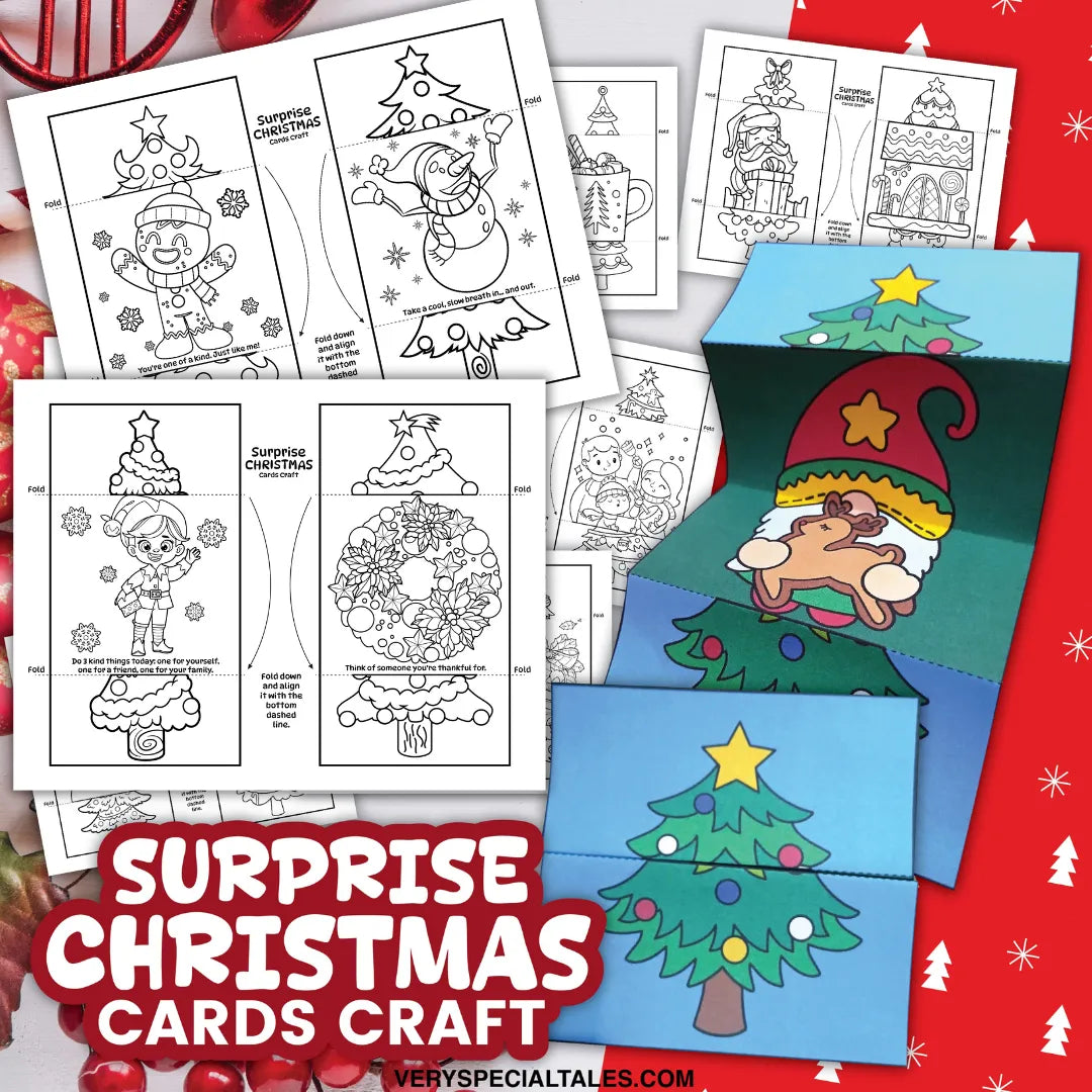 Surprise Christmas Tree Cards craft that reveal festive scenes and uplifting SEL messages. Coloring activity