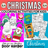 Collection of Christmas-themed coloring activities for kids on a colorful background.
