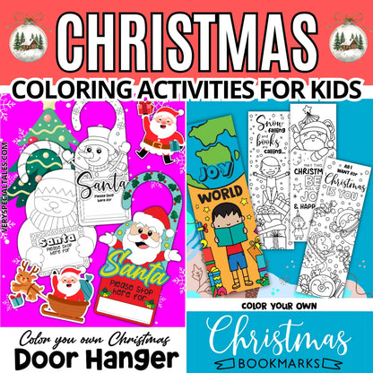 Collection of Christmas-themed coloring activities for kids on a colorful background.