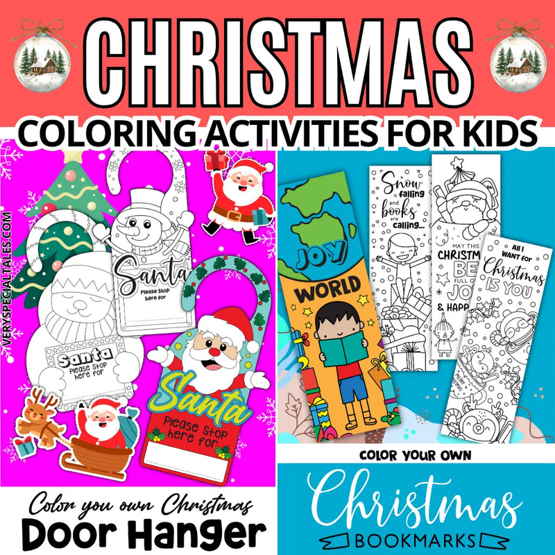 Collection of Christmas-themed coloring activities for kids on a colorful background.