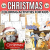 Collage of Christmas coloring activities for kids including Santa Claus, Nativity scene, and Cootie Catchers.