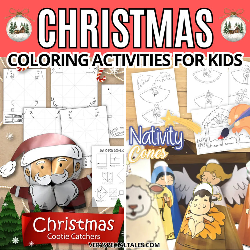 Collage of Christmas coloring activities for kids including Santa Claus, Nativity scene, and Cootie Catchers.