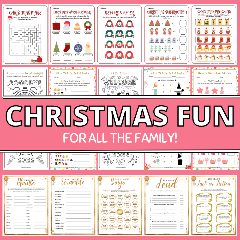 15 worksheets from the Christmas Fun for ALL the Family digital product, containing Christmas and New Year activities.