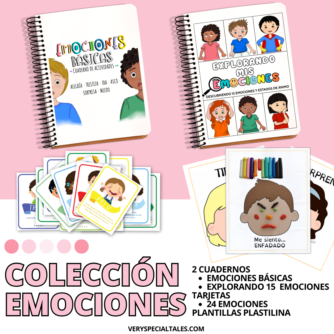 Coleccion de materiales en formato PDF para trabajar la emociones con niños, incluye dos cuadernos, tarjetas y plantillas para plastilina