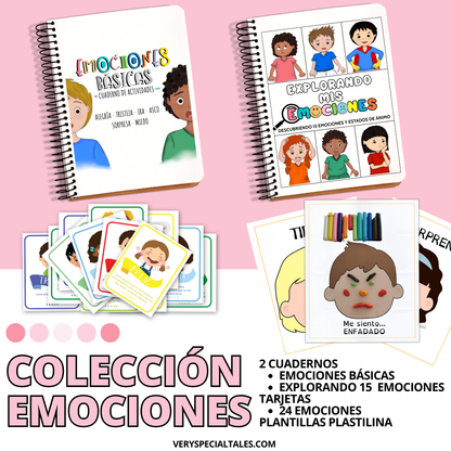 Coleccion de materiales en formato PDF para trabajar la emociones con niños, incluye dos cuadernos, tarjetas y plantillas para plastilina