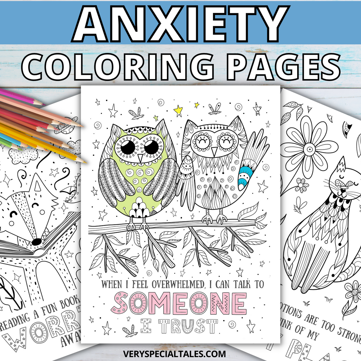 Black and white colouring pages depicting a fox, two owls, and a cat with positive affirmations underneath.
