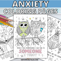 Black and white colouring pages depicting a fox, two owls, and a cat with positive affirmations underneath.