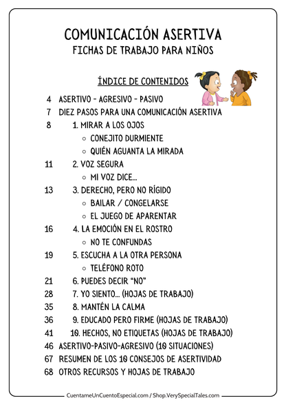 Indice de contenidos del cuaderno de comunicación asertiva para niños