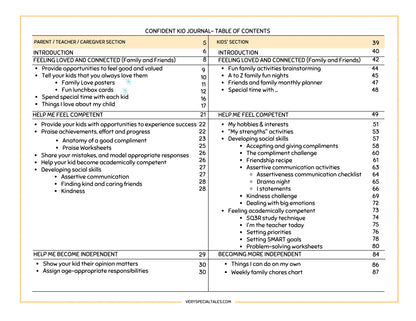 Table of contents for a confident kid journal with sections for parents, teachers, and caregivers, and kids.
