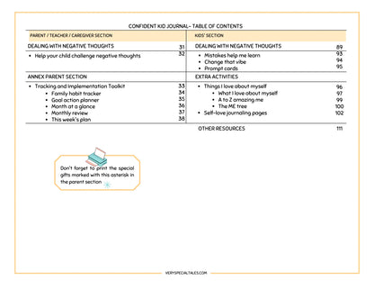 Table of contents for a confident kid journal with sections for parents, teachers, and caregivers, and kids (page 2)