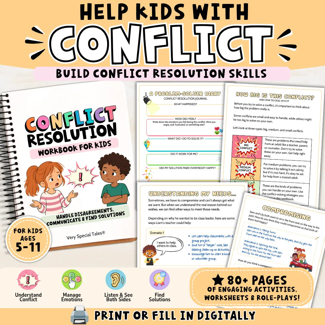 A printable conflict resolution workbook for kids with examples of conflict resolution worksheets in the background
