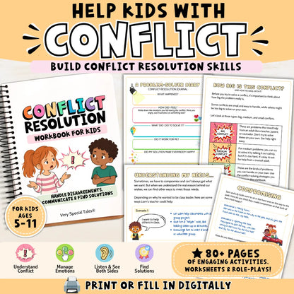 A printable conflict resolution workbook for kids with examples of conflict resolution worksheets in the background