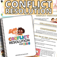 A printable conflict resolution workbook for kids with examples of conflict resolution worksheets in the background