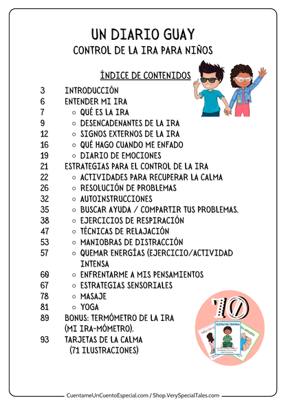 Indice de contenidos del cuaderno  imprimible "Diario Guay" para control de la ira en niños