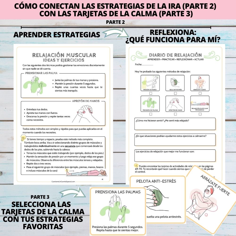 Ejemplo de dos hojas de trabajo del cuaderno "Domina tu Ira" para adolescentes y ejemplos de tarjetas de la calma