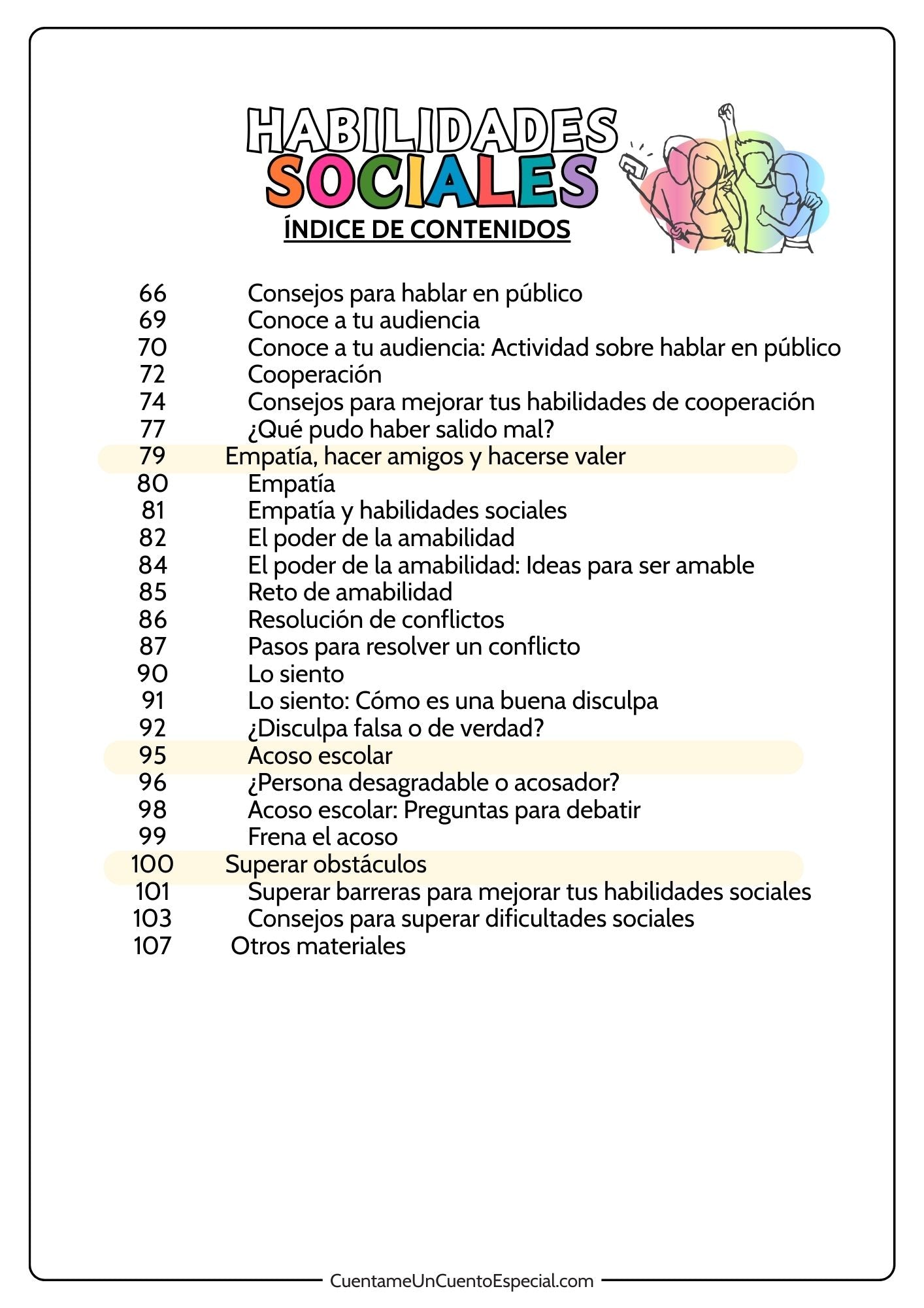 Pagina 2 del indice de contenidos del Cuaderno de Habilidades Sociales para Adolescentes