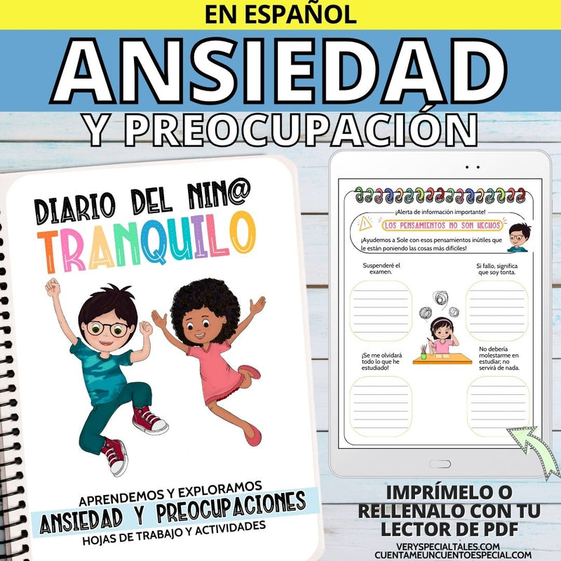 Cuaderno para trabajar ansiedad y preocupación infantil, diario del niño tranquilo. También disponible en versión para rellenar con lector de PDF