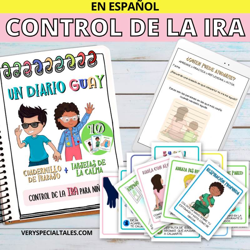 Portada del cuaderno  imprimible "Diario Guay" para control de la ira en niños, incluyendo una versión digital y ejemplos de tarjetas de la calma