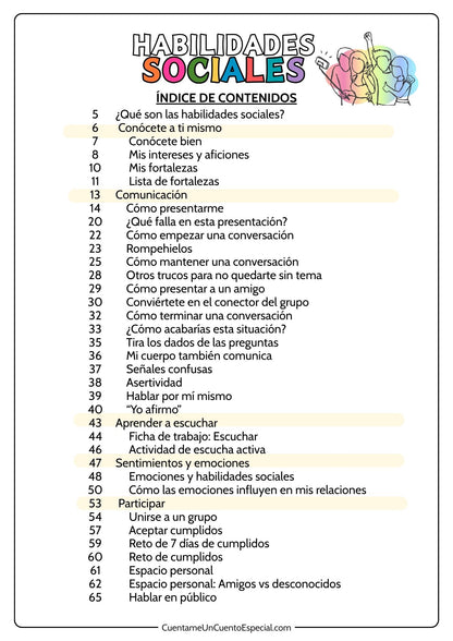 Pagina 1 del indice de contenidos del Cuaderno de Habilidades Sociales para Adolescentes