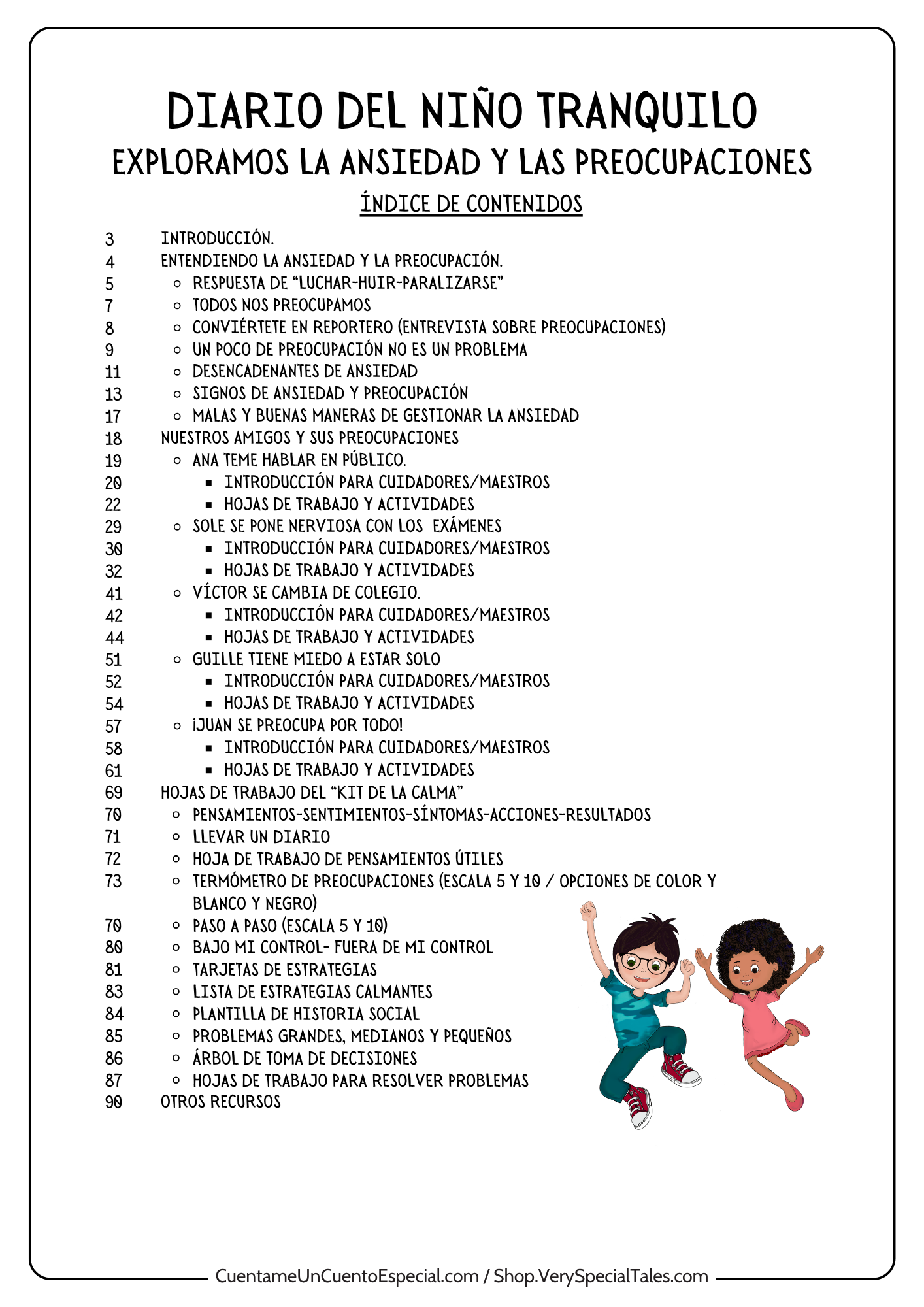 Indice de contenidos del cuaderno para trabajar ansiedad y preocupación infantil  "diario del niño tranquilo"