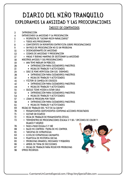 Indice de contenidos del cuaderno para trabajar ansiedad y preocupación infantil  "diario del niño tranquilo"