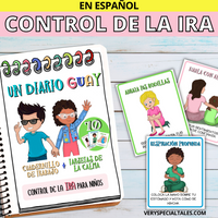 Portada del cuaderno "Diario Guay" para control de la ira en niños y ejemplos de tarjetas de la calma