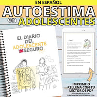 Cuaderno de Autoestima en Adolescentes con una imagen del cuaderno impreso y otra de la opcion digital para rellenar