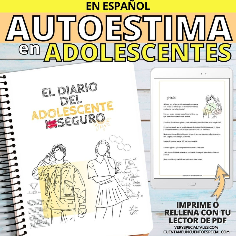 Cuaderno de Autoestima en Adolescentes con una imagen del cuaderno impreso y otra de la opcion digital para rellenar