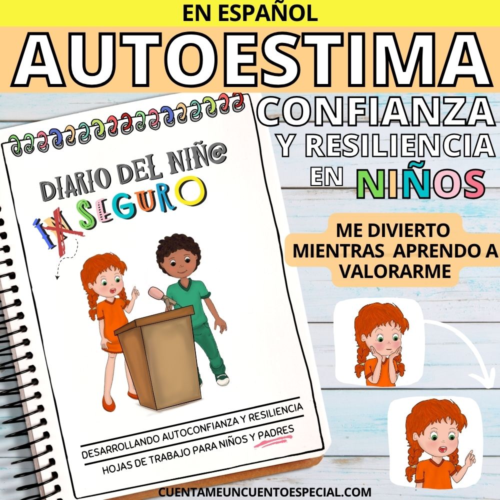 Portada del cuaderno de autoestima infantil mostrando una niña que habla en público 