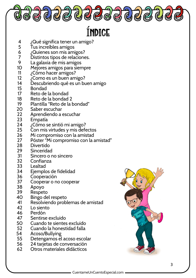 Índice de contenidos del cuaderno de la amistad