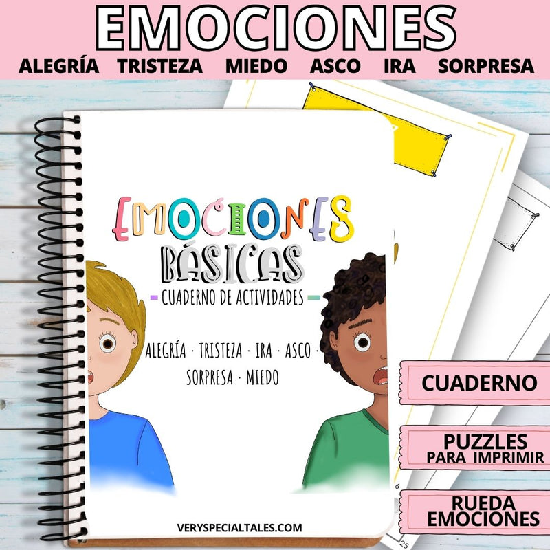 Portada del cuaderno de las emociones (para imprimir). Incluye un cuaderno, puzles y una rueda de las emociones