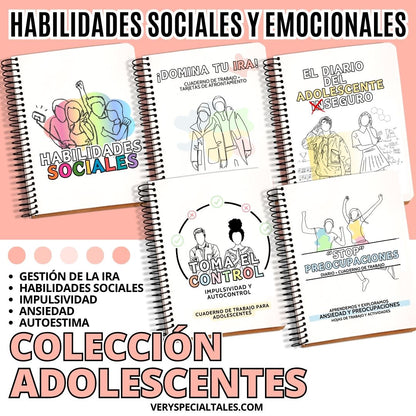Colección de cuadernos sobre habilidades sociales y emocionales para adolescentes en formato PDF, que incluyen los siguientes temas: ira, autoestima, impulsividad, habilidades sociales y ansiedad