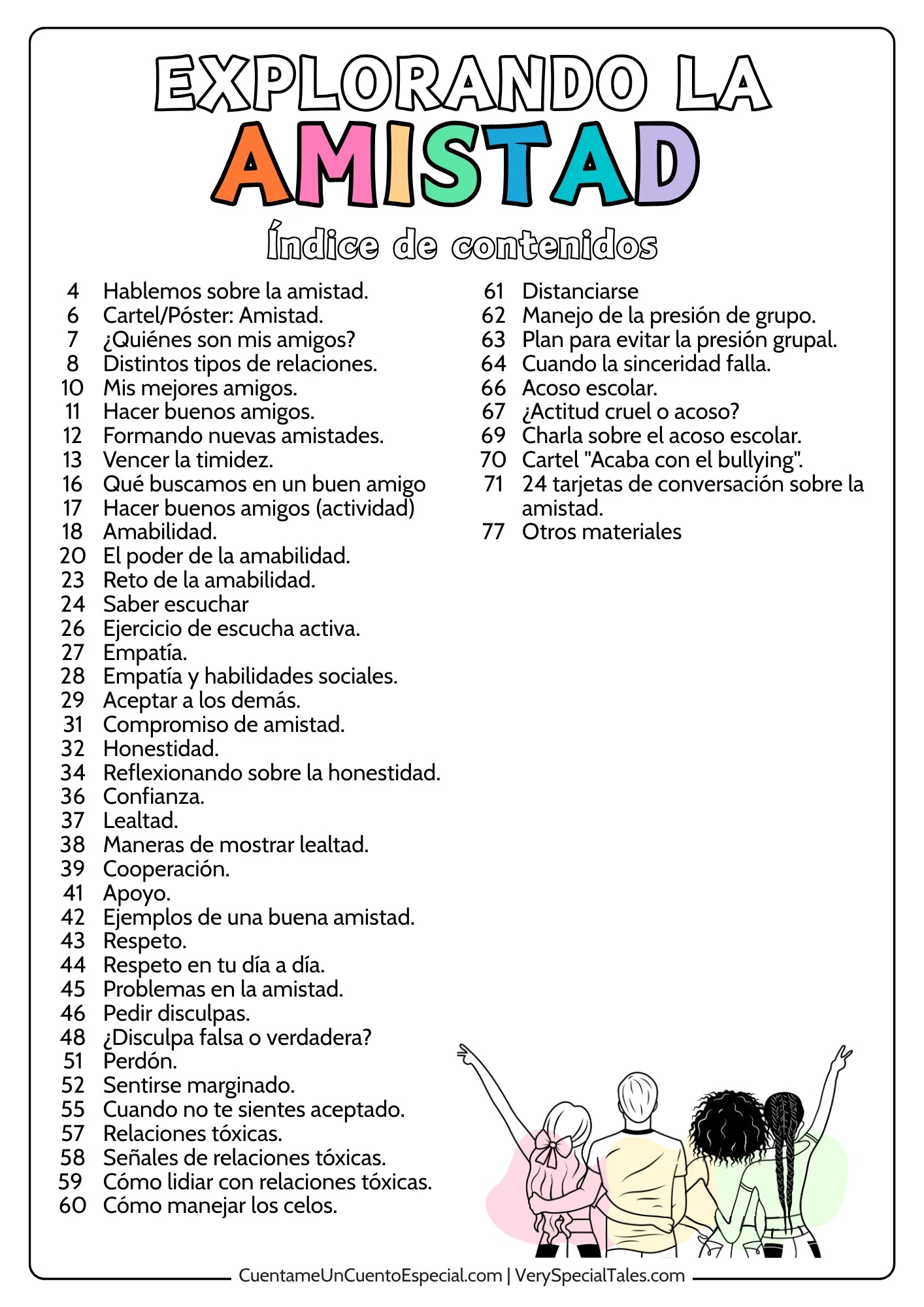 Indice de contenidos del Cuaderno de Trabajo de la Amistad "Explorando la Amistad"