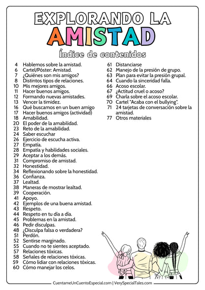 Indice de contenidos del Cuaderno de Trabajo de la Amistad "Explorando la Amistad"