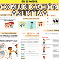 Título: Comunicación Asertiva. Imagen de ejemplos de hojas de trabajo de un cuadernillo digital de comunicación asertiva para niños