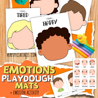 Cards containing playful illustrations of children's heads where play dough faces can be made and placed onto.