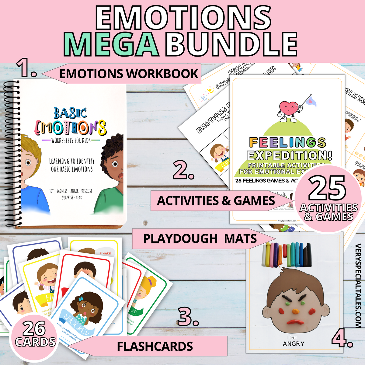 Emotions Bundle containing a Workbook, Activities and Games, Flashcards and Playdough Mats.