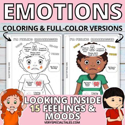 Emotions worksheets in two versions, coloring and full color
