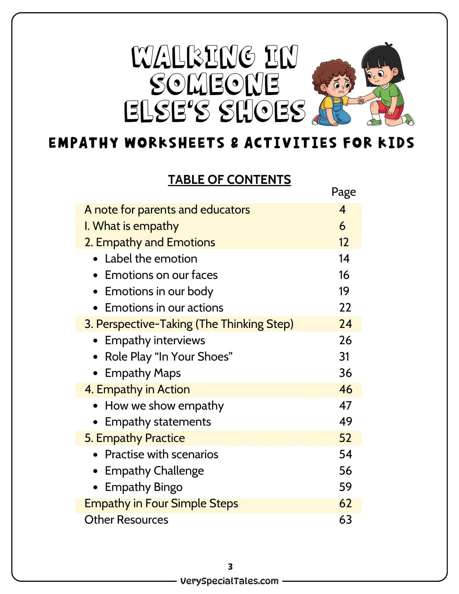 Table of contents for the Empathy Workbook "Walking in Someone Else&
