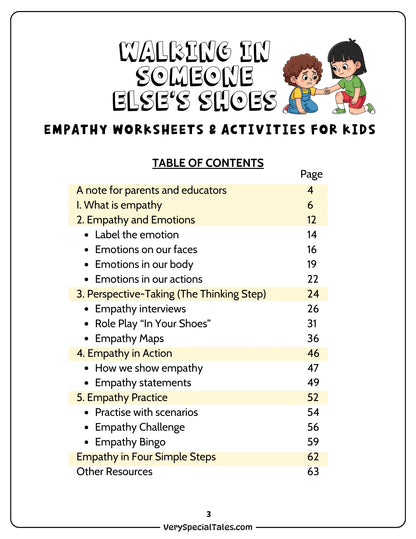 Table of contents for the Empathy Workbook "Walking in Someone Else&