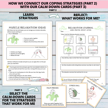 Two worksheet examples against white wooden backdrop, containing methods of anger management, complete with diagrams.